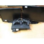 Playstation 2 with two controllers and leads, quantity of boxed gaming items, small Alba flat screen