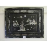 Rectangular Chinese hardwood mother of pearl inlaid panel, depicting figures in a landscape, 22ins x
