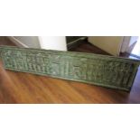 Rectangular blue patinated wall plaque, carved with a processional scene, 15.5ins x 76ins