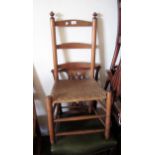 19th Century oak and beech ladderback chair with rush seat and stretchers