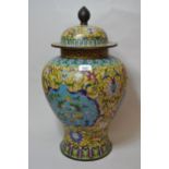 Large Chinese cloisonne temple jar and cover with all-over floral decoration on a yellow ground,