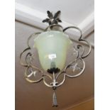 Polished metal floral design light fitting with a vaseline glass shade, 21ins approximate overall