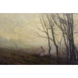 William Tatton Winter, oil on board, figure tending a bonfire in a windswept landscape, signed