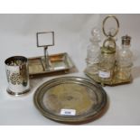 Silver plated salver, condiment set and two other plated items