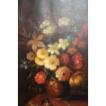 Group of three 20th Century Continental oil paintings on canvas, still life of flowers in antique