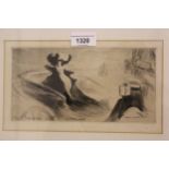 Two framed etchings, ' La Promenade ', indistinctly signed and an Alfred East etching of a