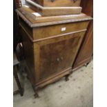 Mid 20th Century figured walnut side cabinet, the carved moulded top above a pair of panel doors