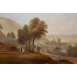 19th Century English school, oil on board, figures in a landscape before a town, possibly Malvern,