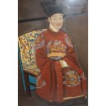 Pair of late 20th Century Chinese reverse paintings on glass of a seated emperor and another,