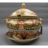 19th Century Royal Crown Derby style two handled soup tureen with cover and stand (repair to
