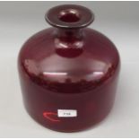 Scandinavian red, squat form glass bottle vase, 9.5ins high