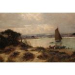 Sidney Pike, oil on canvas, the entrance to Poole Harbour with figures and a sailing boat beyond