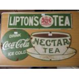 Enamelled metal advertising sign in the form of a teacup for Nectar tea, 21ins x 12.75ins together