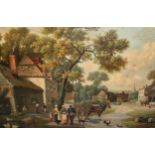 Pair of large gilt framed coloured prints, rural village scenes