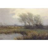 William Tatton Winter, oil on board, windswept landscape with sheep, trees and water, signed