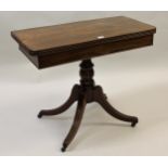 Regency mahogany fold-over card table on a turned column support with quadruped, 36ins wide