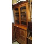Unusual early 20th Century satin birch bookcase with glazed doors enclosing shelves, the base with
