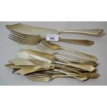 Set of seven Edwardian silver fish knives and forks with servers, Birmingham 1901, maker Elkington &