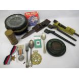 Box containing a quantity of assorted military items, including four bayonets, mounted death plaque,