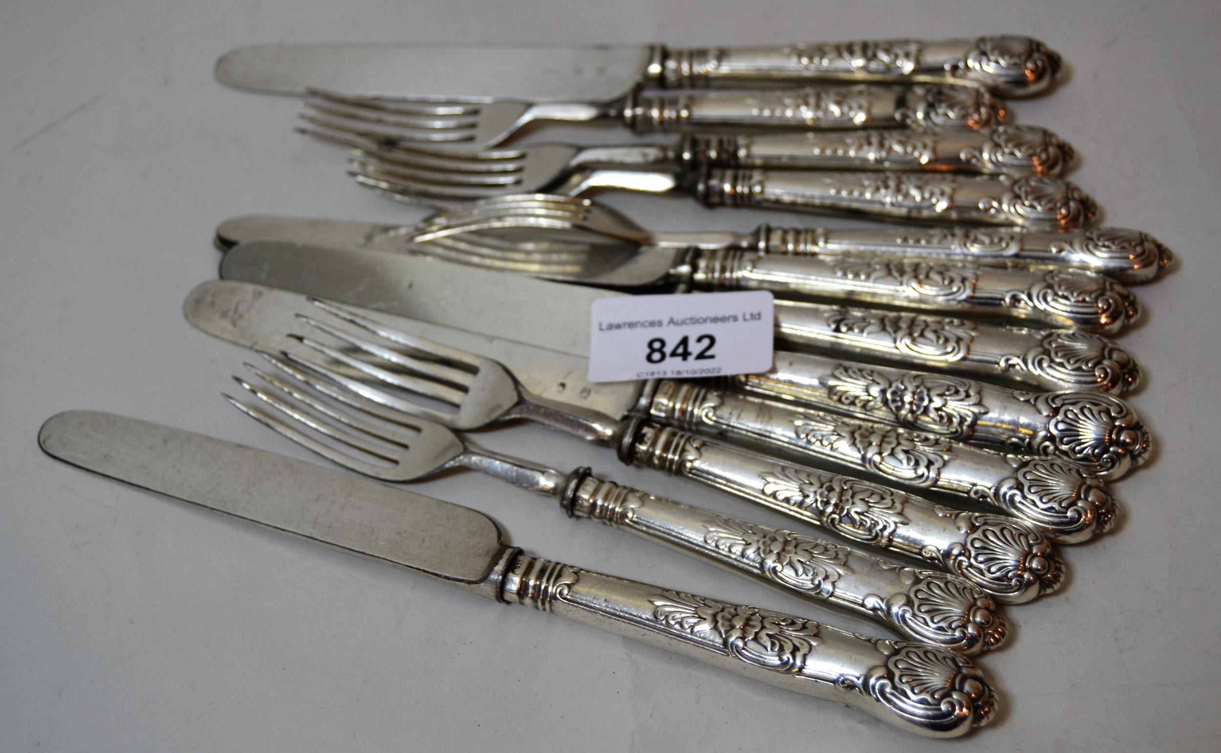 Set of six George III Queen's pattern silver handled dessert knives and forks Silver plating on