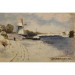 George Ray Burtenshaw, oil on paper, Dutch river scene with figure and windmills, signed and dated