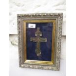 Antique Russian enamel decorated bronze crucifix, 6ins tall, housed in a silvered moulded