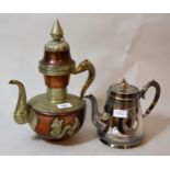 Oriental copper and silver plated teapot with cover decorated with dragons, together with a