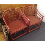 Pair of red lacquer bamboo armchairs in Chinese style