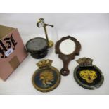 Two painted cast metal ships plaques, ' Tiger ' and ' Fearless ', together with a ships compass, a