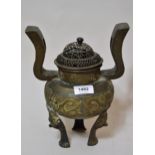 Bronze two-handled censer with later cover, 10.5ins high (at fault)