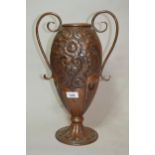 Large Arts and Crafts floral embossed and repousse work pedestal vase, 17ins high Overall in good