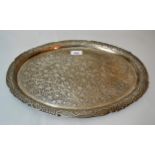 Pakistani oval white metal floral decorated tray, 29 troy ounces
