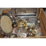 Three piece silver plated tea service, circular silver plated tray and other silver plated items