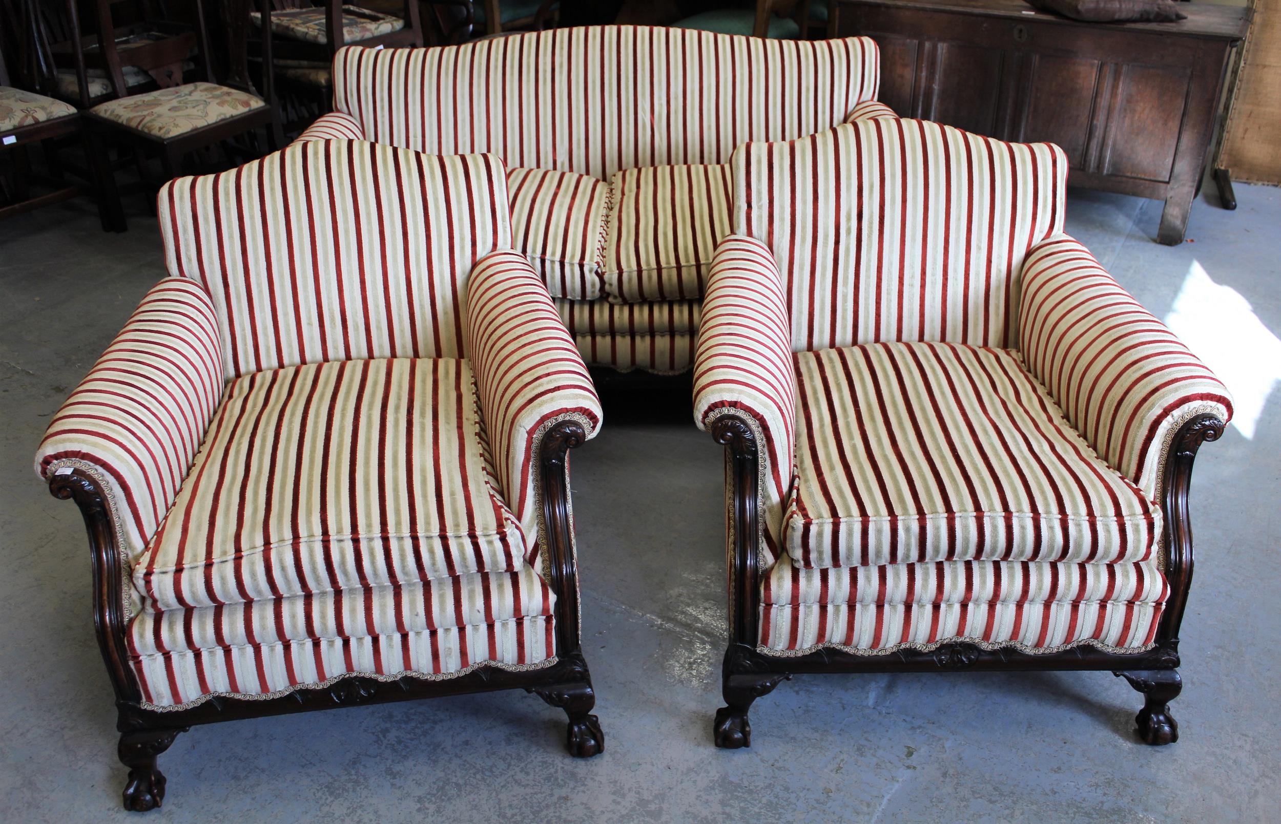 1920's Mahogany and upholstered three piece sitting room suite, raised on cabriole claw and ball