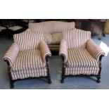 1920's Mahogany and upholstered three piece sitting room suite, raised on cabriole claw and ball