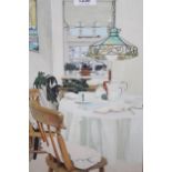 Modern watercolour, interior scene with a leaded glass light fitting and breakfast table,