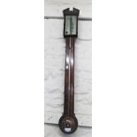 George III mahogany chequer line inlaid stick barometer with a broken arch pediment above a silvered