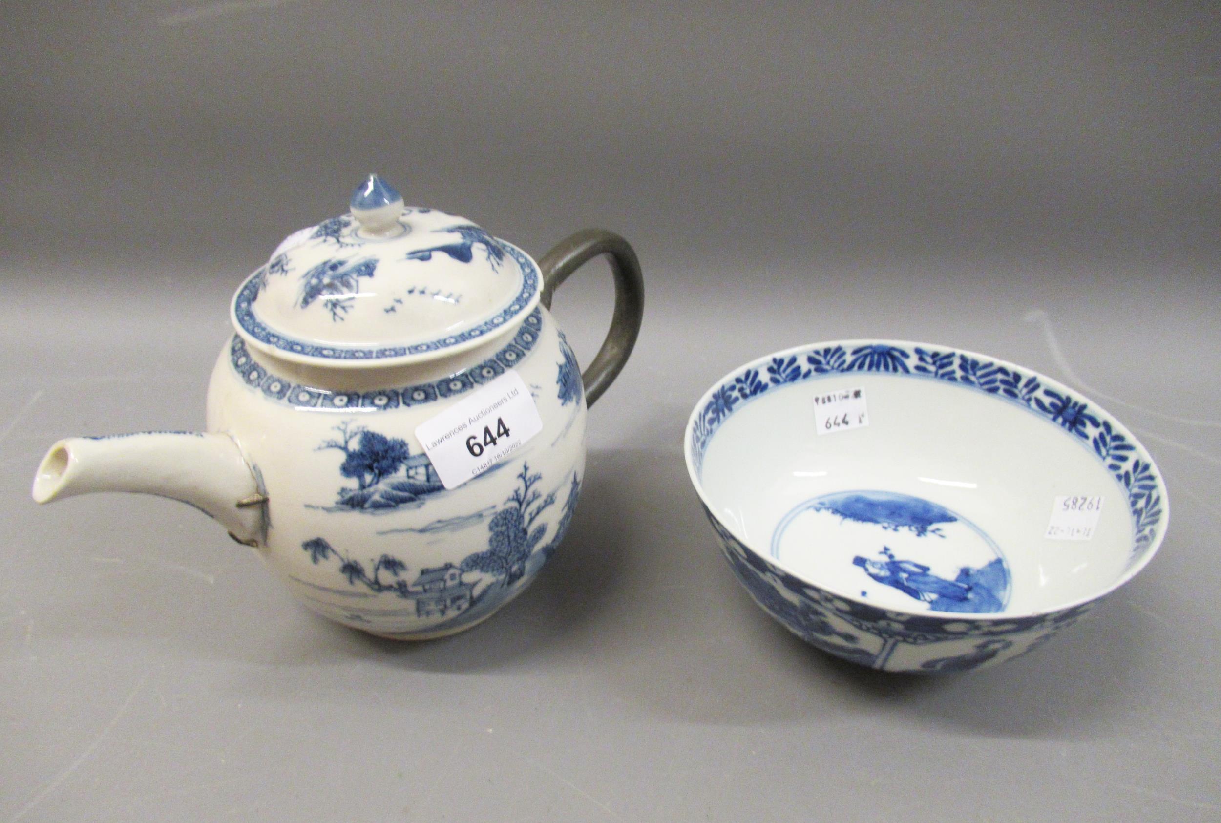 18th Century Chinese blue and white teapot (damages and repairs), together with a small Chinese blue