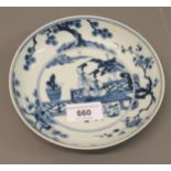 Chinese blue and white saucer dish, painted with figures on a terrace, signed with six character