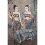 Antique oriental hardwood oval panel painted with two ladies in a landscape, 34ins x 26ins overall