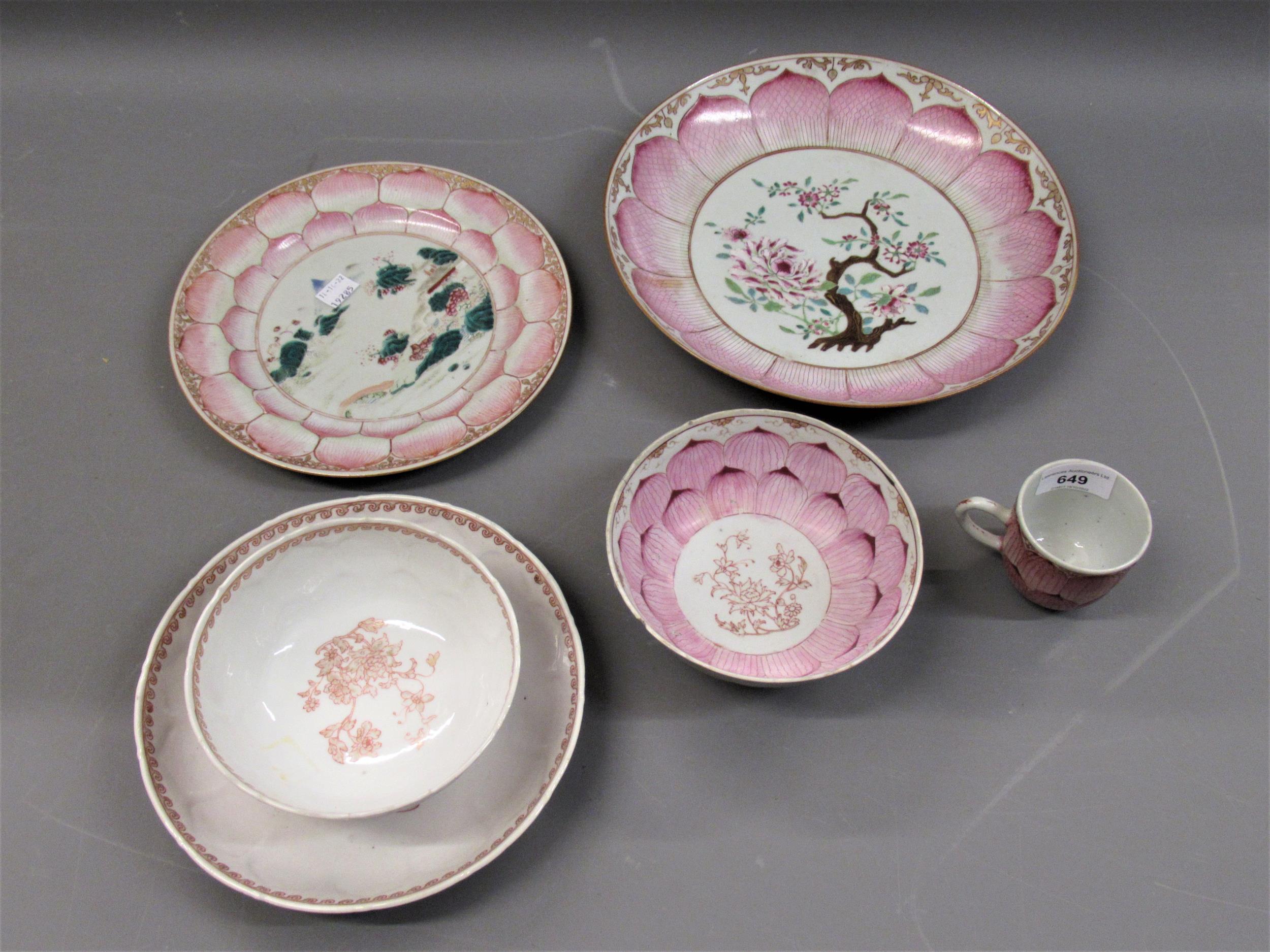 18th Century Chinese famille rose saucer dish painted with a central flowering shrub within a pink