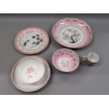 18th Century Chinese famille rose saucer dish painted with a central flowering shrub within a pink