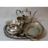 Edwardian silver plated coffee pot, two oval plated trays, mug, sugar basin and a Pakistani plated