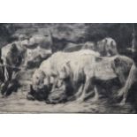George Smith signed etching, figure with horses working in a barn, counter signed by John R. Barclay