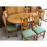Good quality reproduction oak dining room suite comprising: set of six high back dining chairs