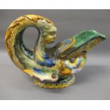 19th Century Italian Urbino style dolphin form jug vase with a maskhead handle, 9.25ins x 11.5ins