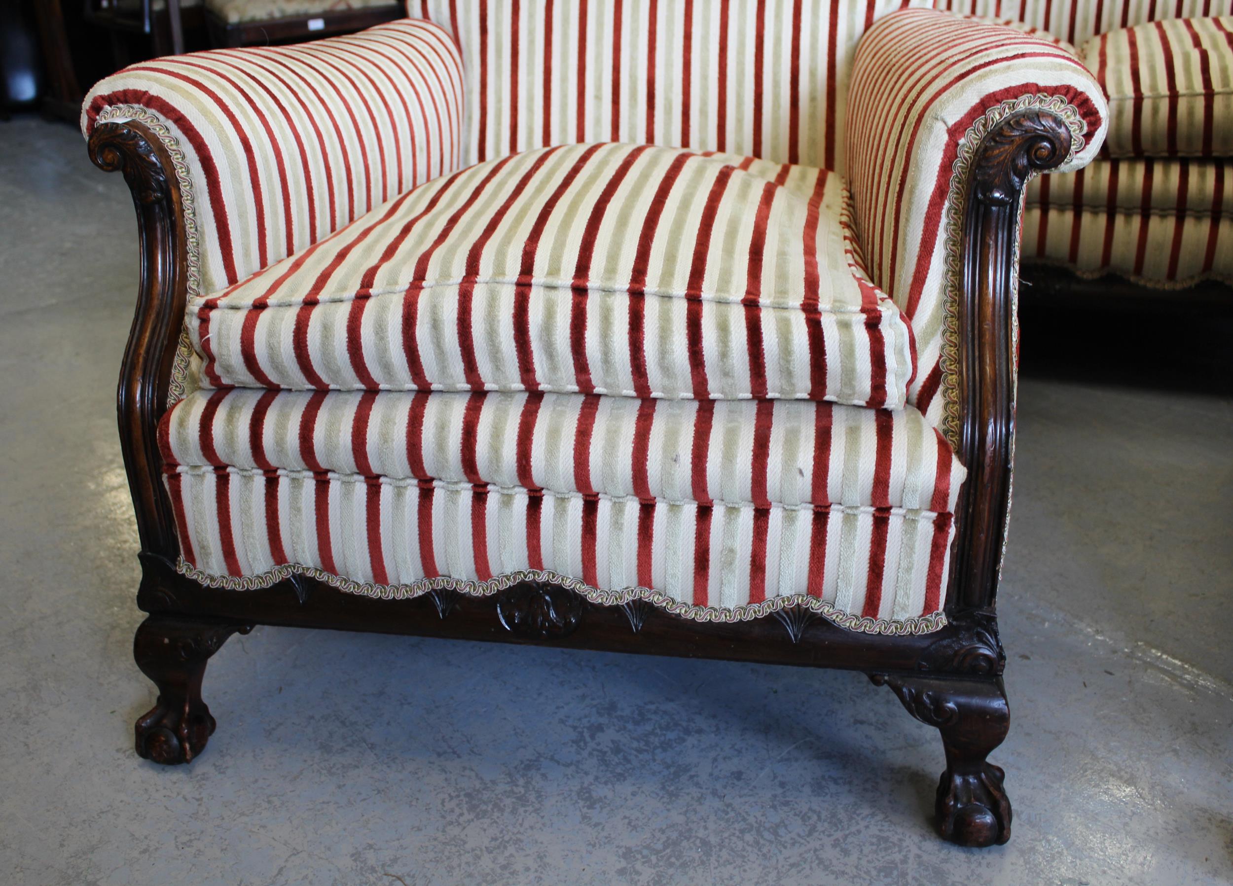 1920's Mahogany and upholstered three piece sitting room suite, raised on cabriole claw and ball - Image 2 of 3