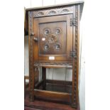 Reproduction oak single door bedside cabinet, together with a similar two door cabinet