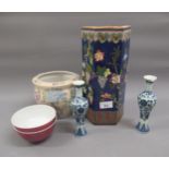 Chinese enamel decorated terracotta hexagonal vase, 11.25ins high together with a pair of
