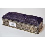 Rectangular Birmingham silver mounted velvet pin cushion/ box, 7.5ins x 2.5ins x 2.25ins high